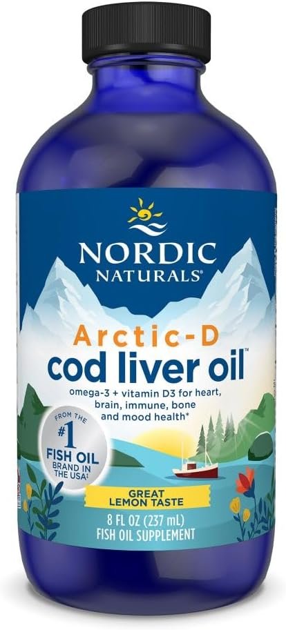 Nordic Naturals Arctic-D Cod Liver Oil, Lemon – 8 oz – 1060 mg Total Omega-3s + 1000 IU Vitamin D3 – EPA & DHA – Heart, Brain, Bone, Immune & Mood Support – Non-GMO – 48 Servings