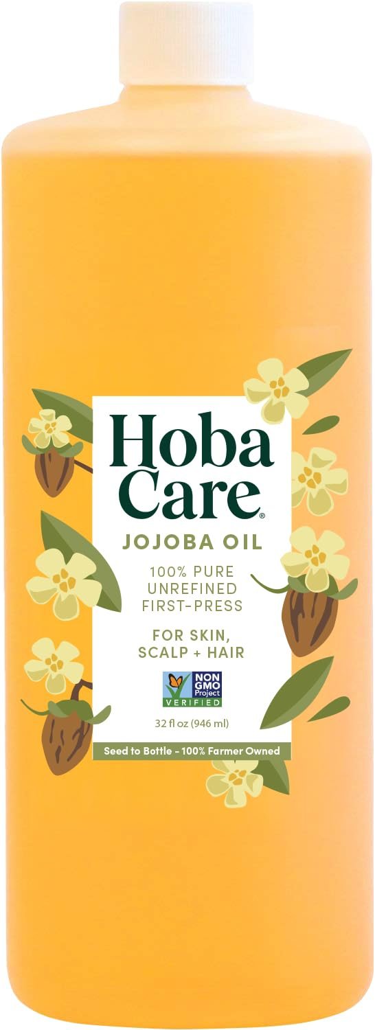 HobaCare Unrefined Cold Pressed Jojoba Oil for Skin Care, Hair, Beard Conditioning, Scalp Massage – 100% Pure Carrier Oil for Perfume or Soap Making – Natural, Vegan, Hexane Free (32 oz)