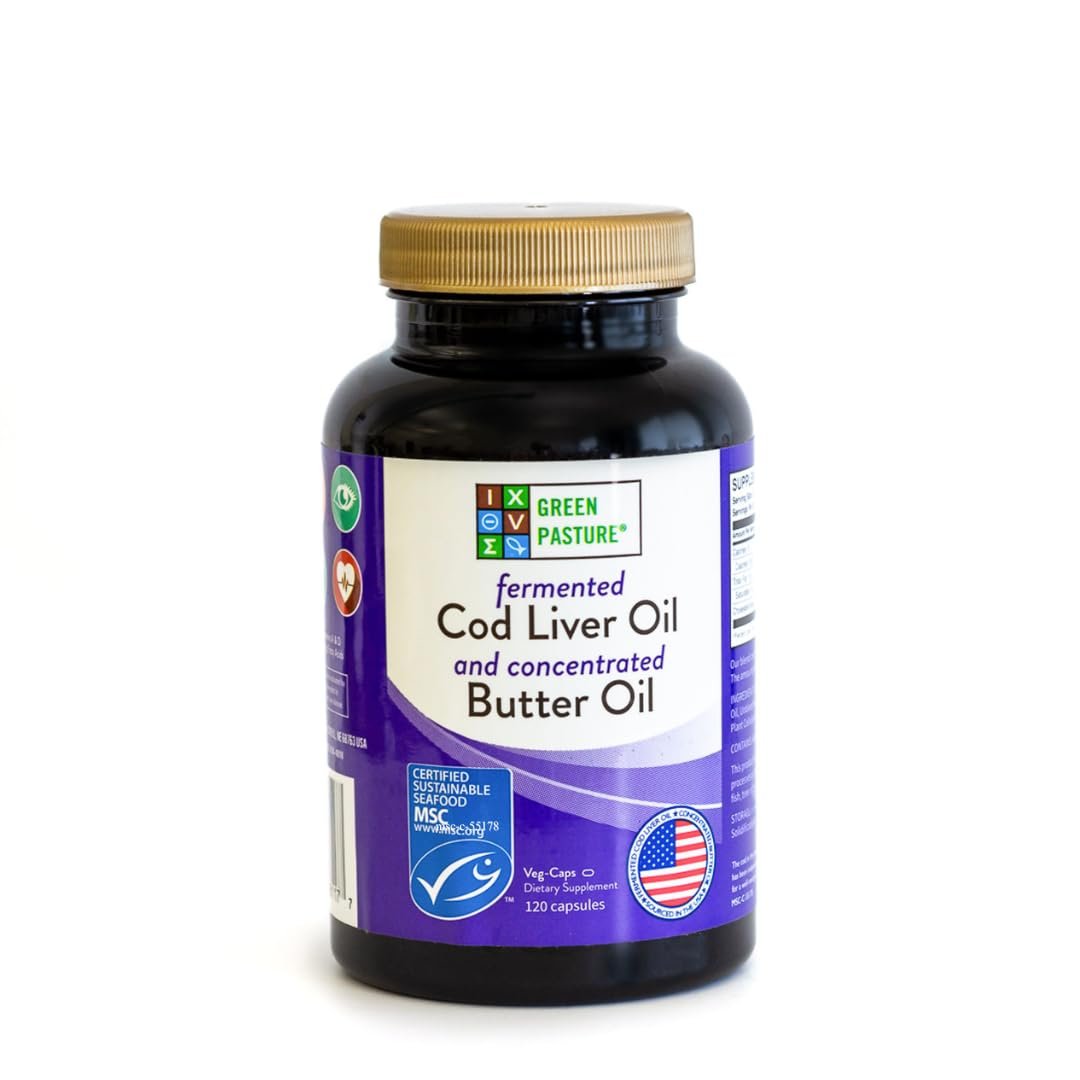 Green Pasture Fermented Cod Liver Oil & Butter Oil Blend – Wild Alaska Cod, Vitamins A & D, Omega-3-6-9, MSC Certified, 120 Capsules