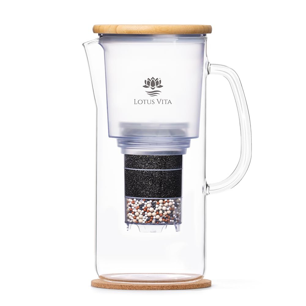 Lotus Vita ENYA Glass Water Filter Pitcher (10-Cups Total) – Removes Impurities, Adds Minerals – BPA Free – Glass & Bamboo Design – Improves Water Quality, Taste, and Drinking Habits