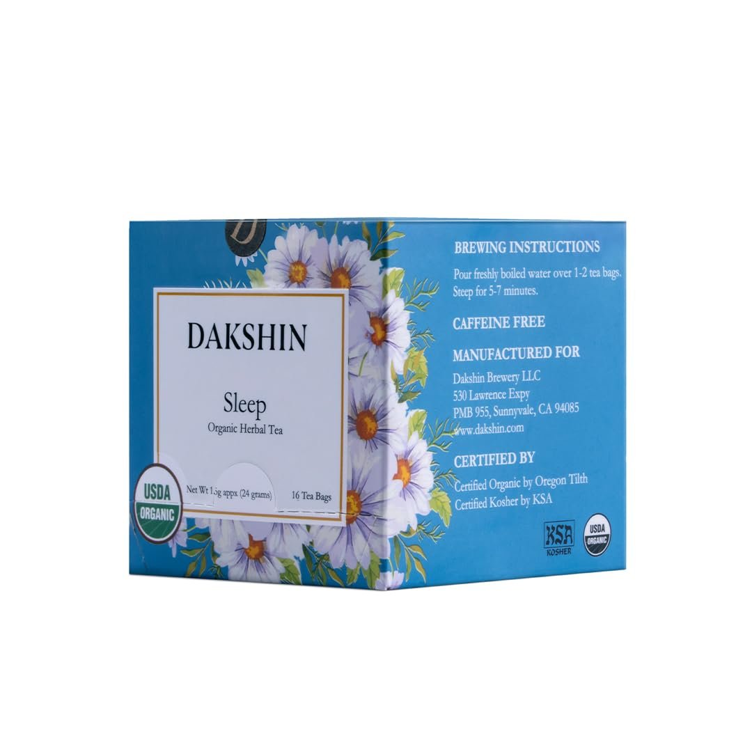 DAKSHIN Organic Sleep Tea Bags | Chamomile, Lavender, Gotu Kola & Licorice Root | Caffeine-Free Bedtime Relaxation Tea | USDA Organic | 16 Tea Bags