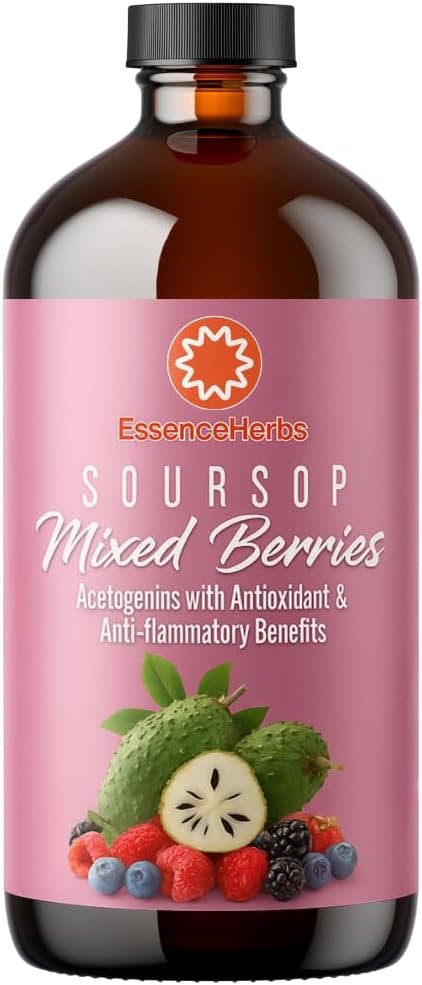 Essence Herbs Soursop Bitters Liquid with Mixed Berries, Gut & Digestive Support, Antioxidant Herbal Supplement with Soursop Leaves, Moringa, Black Seed & Turmeric, 16 fl oz