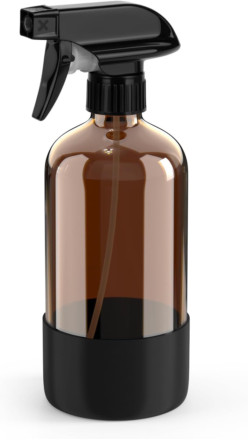 Bontip Amber Glass Spray Bottle, 16 oz with Black Silicone Sleeve, 1 Pack