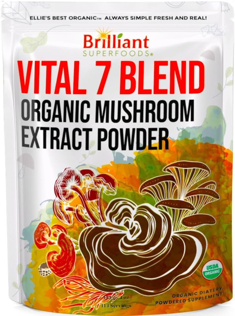 Ellie’s Best 7 Mushroom Powder Extract Blend Supplement Organic 114 Servings High Potency Double Extracted Cordyceps, Reishi, Turkey Tail, Chaga, Lion’s Mane – 4oz