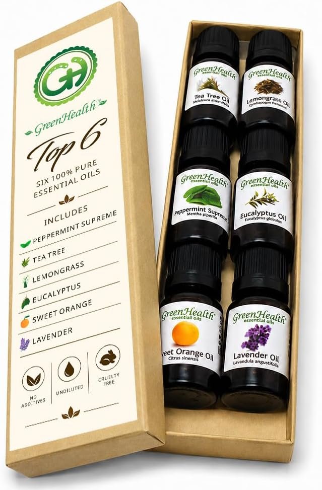 GreenHealth Top 6 Essential Oil Gift Set – 100% Pure Therapeutic Grade – Lavender, Tea Tree, Eucalyptus, Lemongrass, Sweet Orange, Peppermint – Aromatherapy & Diffuser Oils 6x10ml