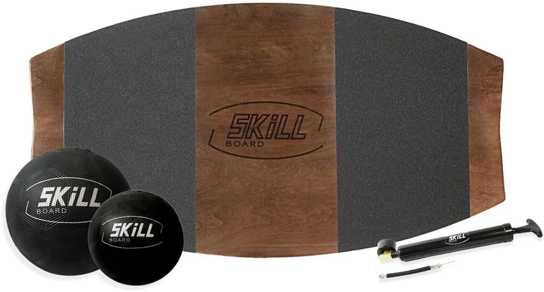 The Skill Board Beginner to Pro – Wooden Balance Board for Adults Bundle – Incl. Balance Trainer for All Sports, Gym, Standing Desk, or Yard Games, 2x Fitness Balls, Ball Pump and more