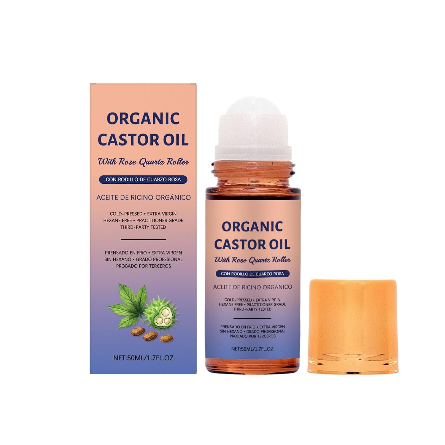 Organic Castor Oil with Rose Quartz Roller, Cold-Pressed, 100% Pure Natural Formula for Skin, Hair Care, Hexane-Free.1.7 Fl Oz