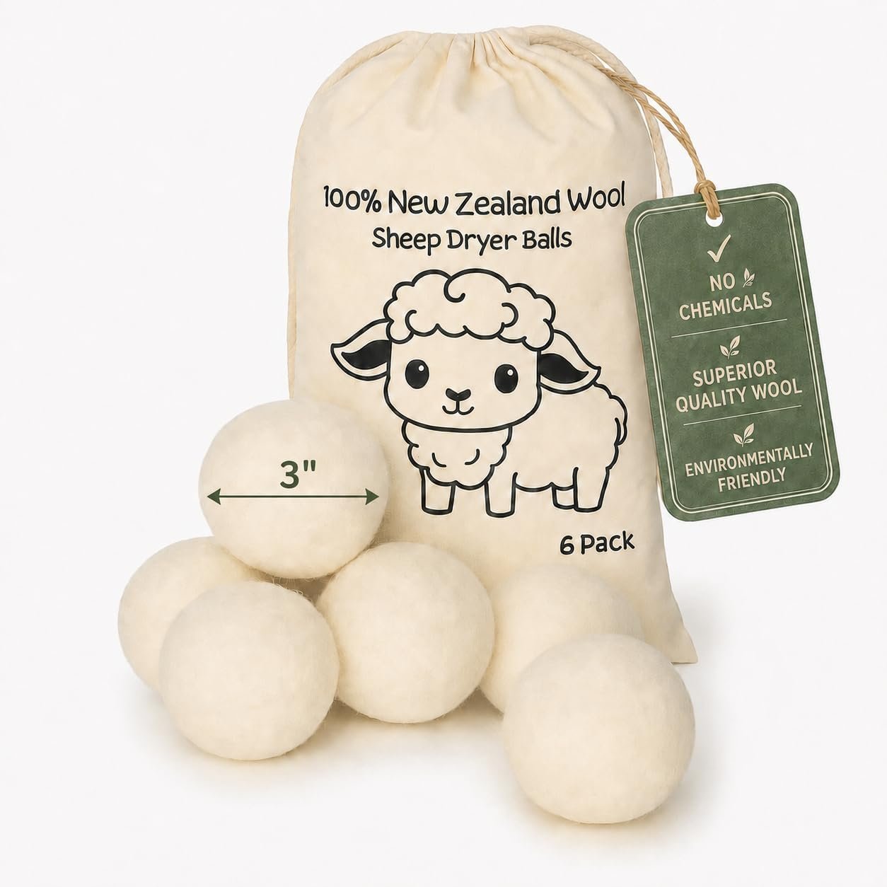 Natural Wool Dryer Balls | Reusable Natural Fabric Softener | Reduces Wrinkles & Drying Time | Large Dryer Balls is a Better Alternative to Plastic Balls and Liquid Softener| Saves Energy (Pack of 6)