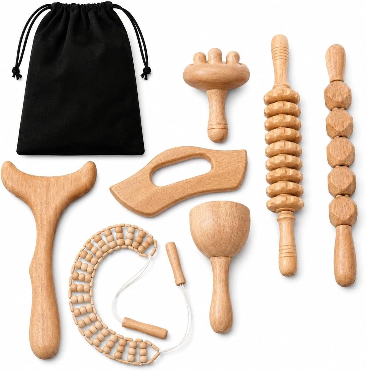 7-in-1ct, Wood Therapy Kit for Lymphatic Drainage, Maderoterapia Wooden Massager, Anti Cellulite Body Sculpting Roller, Body Contouring Tool for Waist, Legs & Back