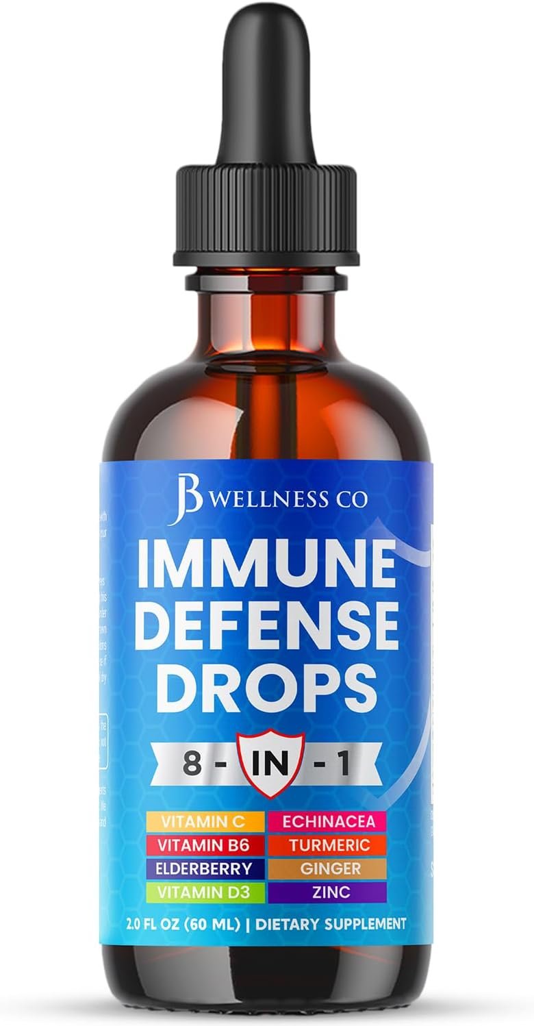 8-in-1 Immune Defense Liquid Drops – Elderberry, Echinacea, Turmeric Curcumin, Ginger, Vitamins C & D3, Zinc & B6 – Fast-Absorbing Immune Support & Antioxidant Support – Vegan, Non-GMO – 2 oz