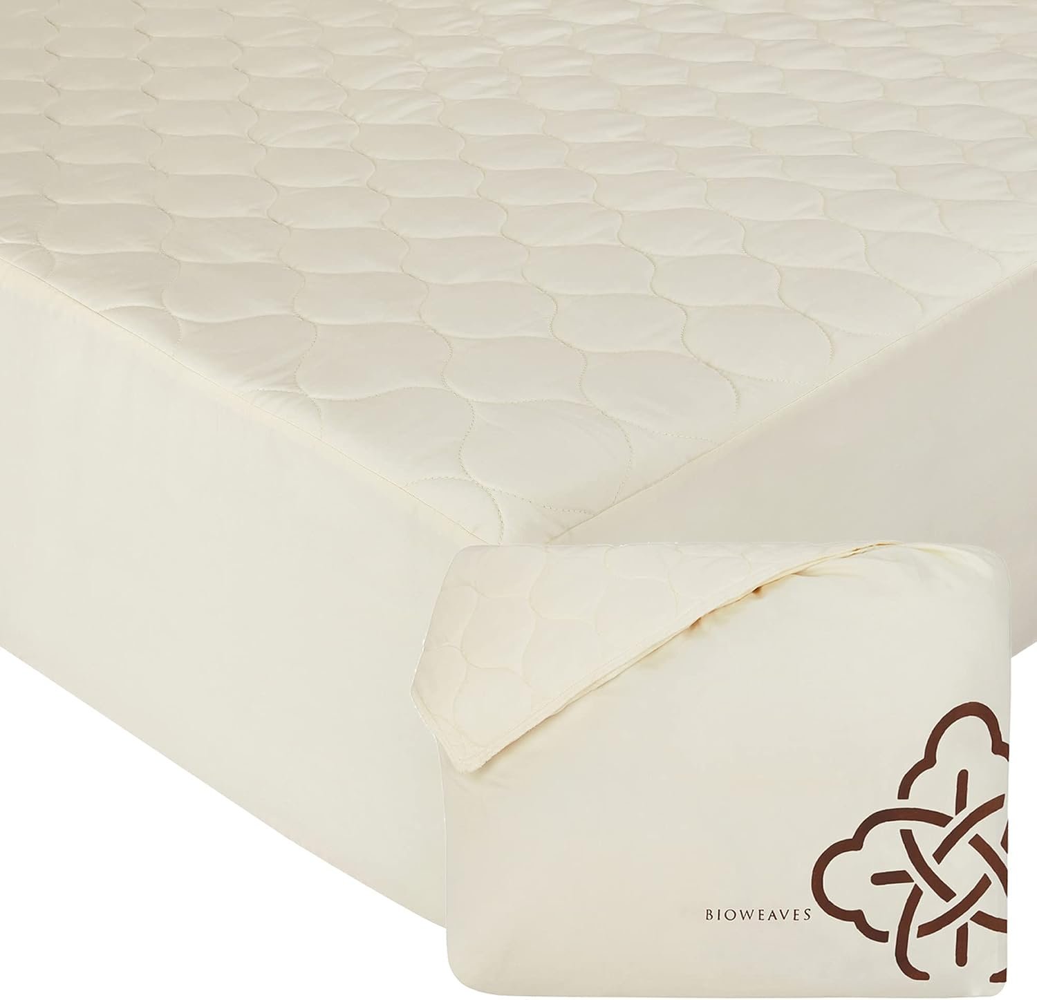 Bioweaves 100% Organic Cotton Mattress Pad Cover, GOTS Certified Cooling Quilted Fitted Mattress Topper & Protector with Soft Cotton Wadding – 20 Inch Deep Pocket, King