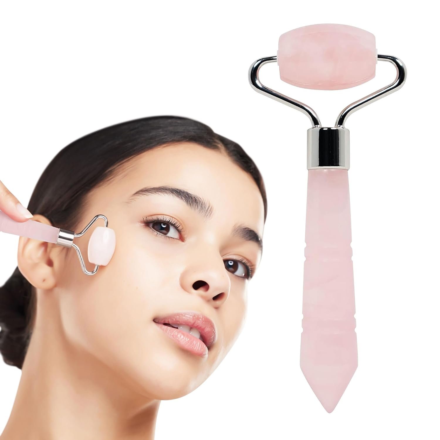 Plum Beauty Mini Rose Quartz Roller – Face Roller – Gua Sha Facial Tools, Mini Rollers for Face, Skin Care Kit for Men Women, Guasha Tools for Faces, Reduces Under-Eye Puffiness and Dark Circles