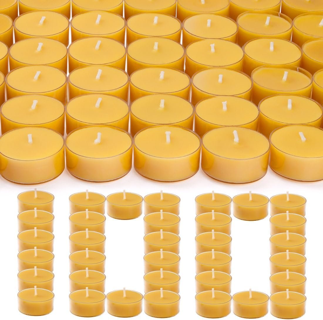100 Pack Pure Beeswax Tealight Candles, Natural Unscented in Bulk, Yellow
