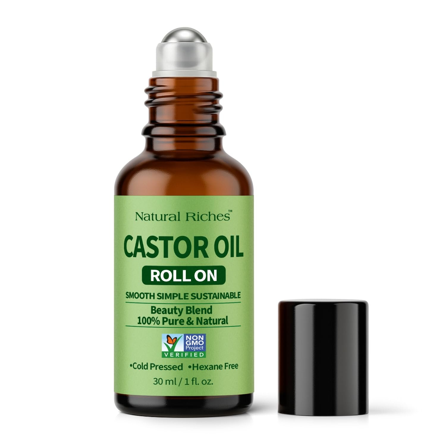 Organic Castor Oil Roll On, Cold Pressed & Hexane Free 1 fl oz Glass Bottle