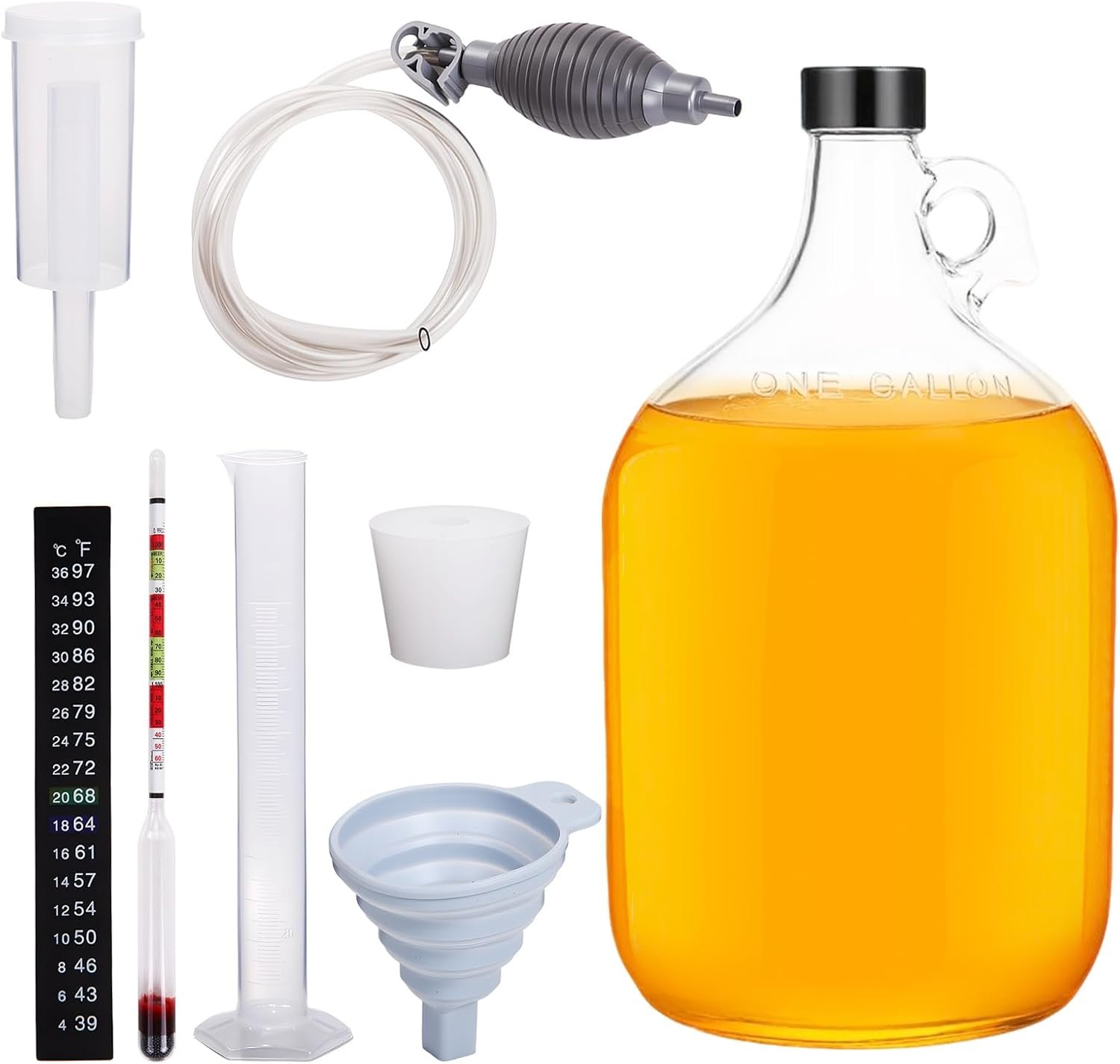 Mead Making Kit for Beginners 1 Gallon Home Brewing Kit with Glass Fermentation Jar Siphon Airlock Stopper Temperature Labe Funnel Hydrometer Reusable DIY Honey Wine Starter Set