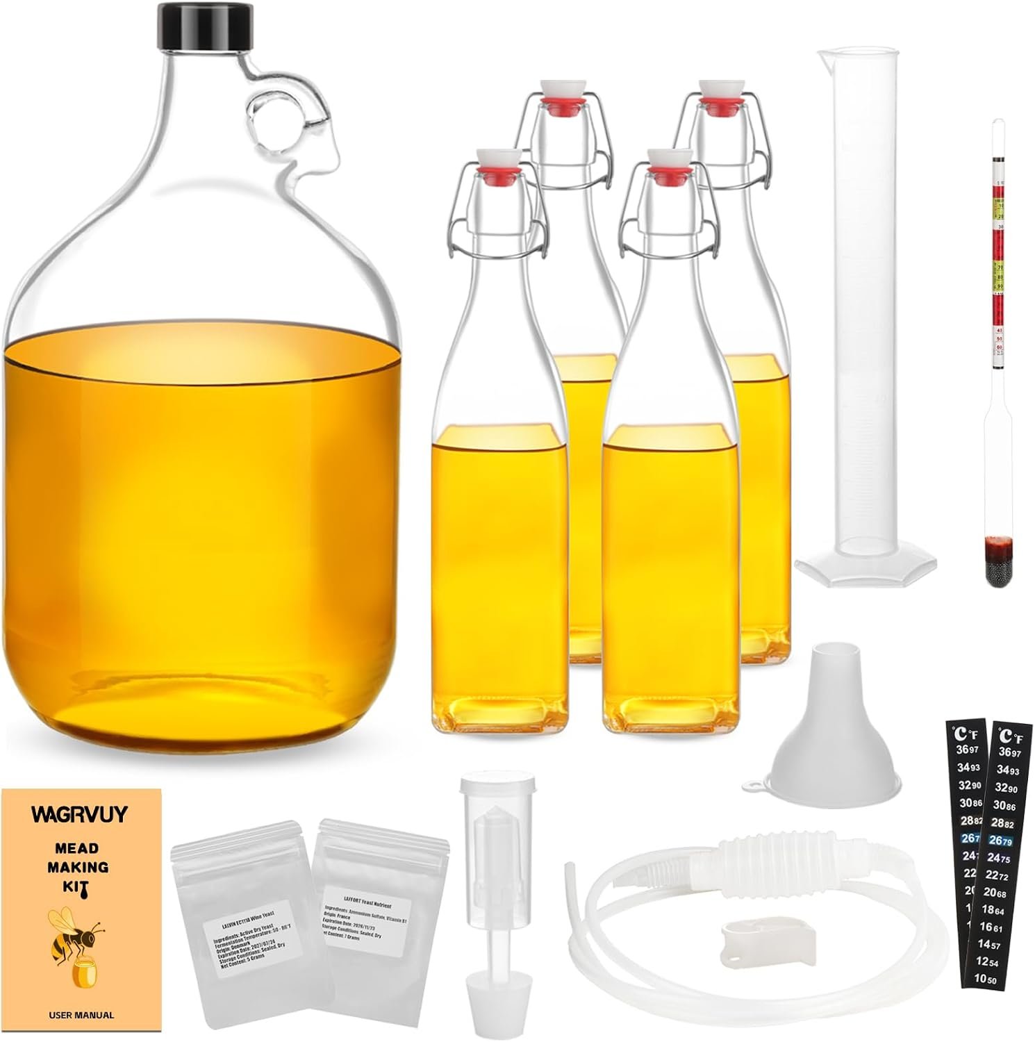 Mead Making Kit for Beginners – Complete Home Brewing Starter Set with Reusable Supplies, 1 Gallon Glass Honey Wine Fermentation Jar with 4 Pcs Bottles Yeast & Nutrients Hydrometer Operation Guide