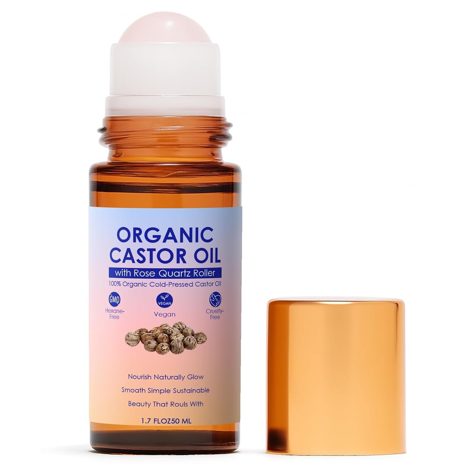 Organic Castor Oil Roll On with Rose Quartz Roller Ball, Cold-Pressed Hexane-Free, 100% Pure, Unscented Golden Castor Oil for Face, Neck, Brows, Lashes & Body, Unscented, 1.7 Fl Oz