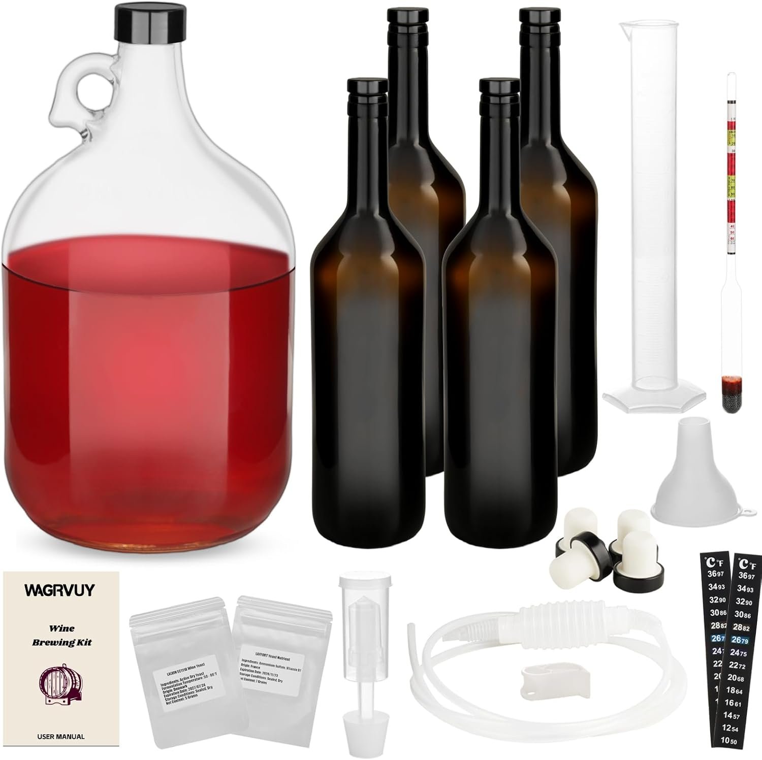 Wine Making Kit Home Brewing – Complete Grape Juice Brew Starter Set for Beginners, 1 Gallon Glass Fermentation Jar with 4 Bottles, Yeast & Nutrients, Siphon, Airlock and Step-By-Step Guide