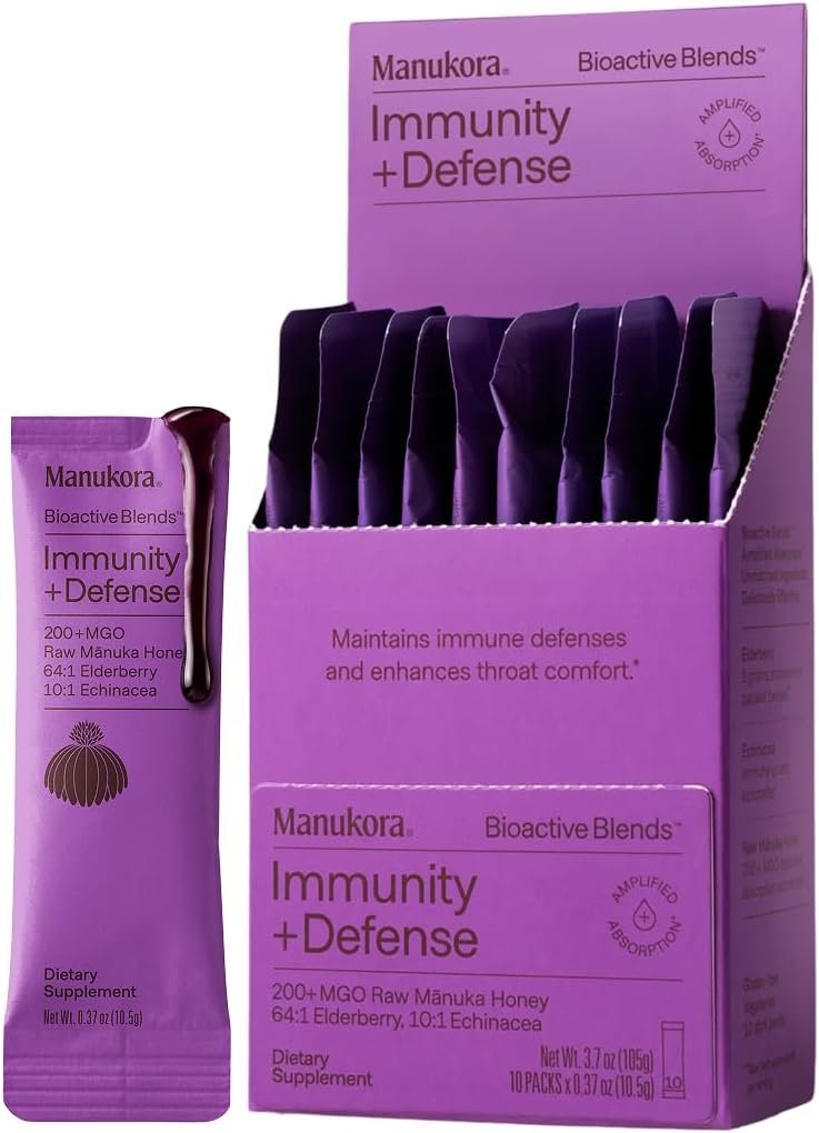 Manukora Immunity + Defense, Elderberry & Echinacea, Raw Manuka Honey, 10ct