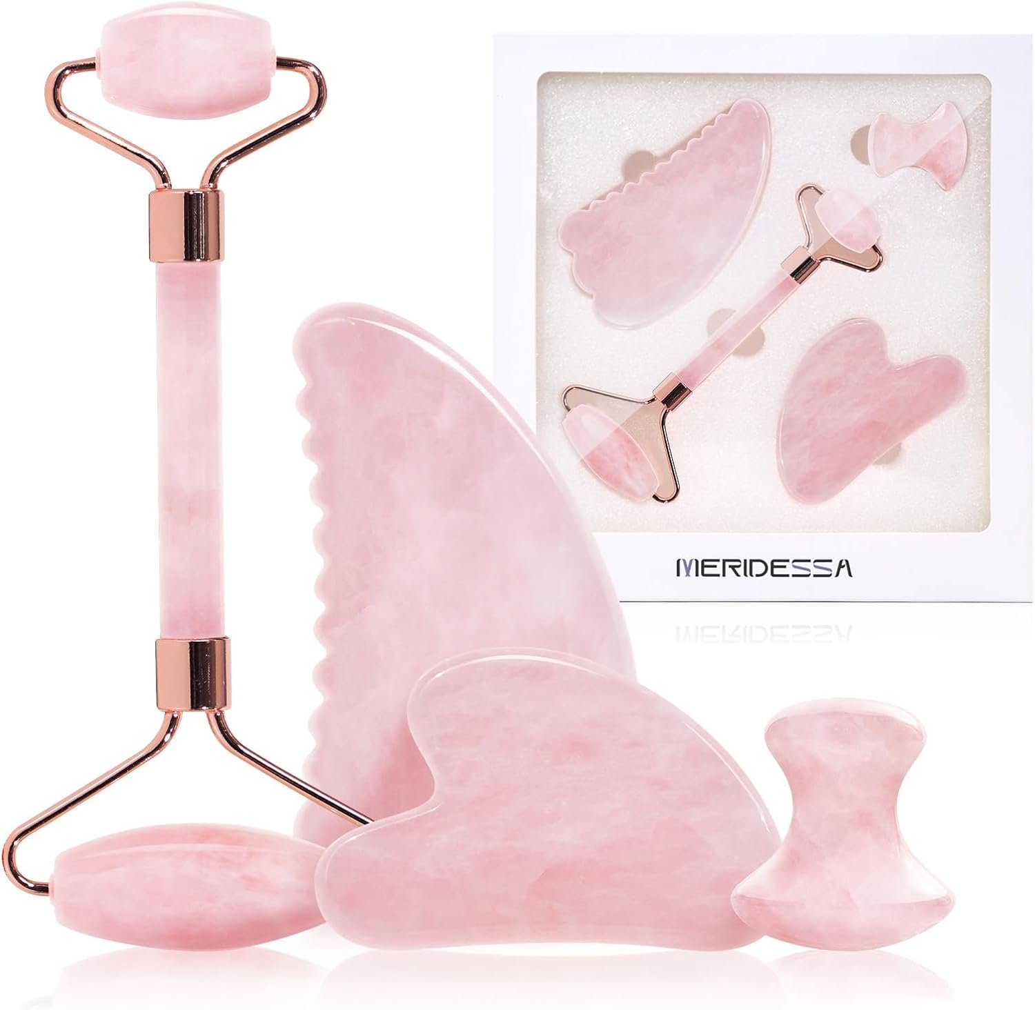 Jade Roller & Gua Sha Set for Face – 4PCS Natural Facial Massage Tools
