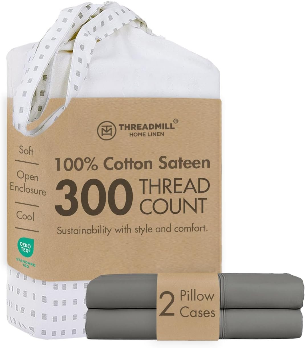 Threadmill 300 Thread Count Cotton Standard Pillowcases, Sateen, Dark Grey