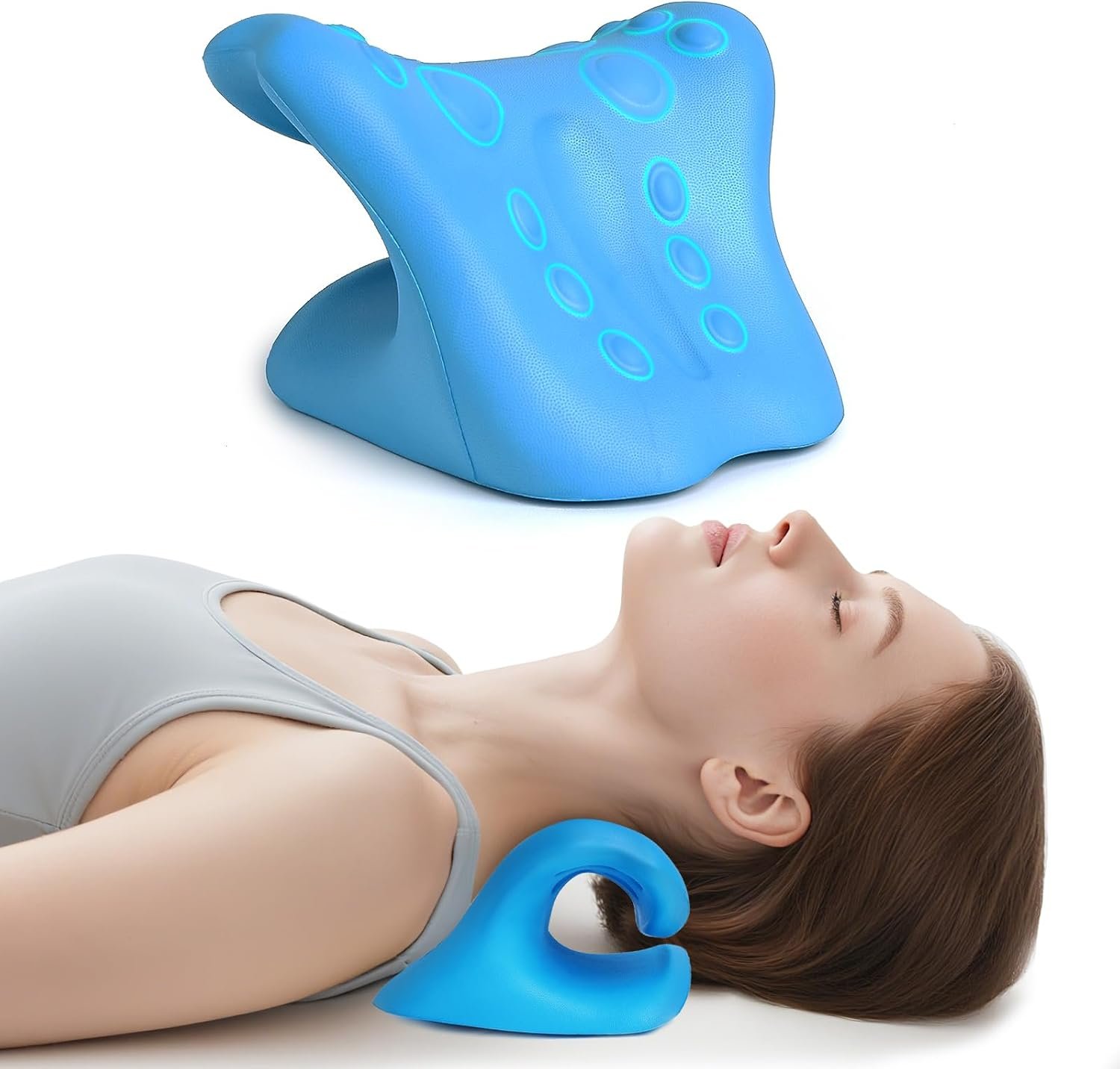 Neck Stretcher Cervical Traction Device, Neck Hump Corrector for TMJ Pain and Shoulder Pain Relief, Neck and Shoulder Relaxer, Ergonomic Pain Pillow for Spine (Blue)