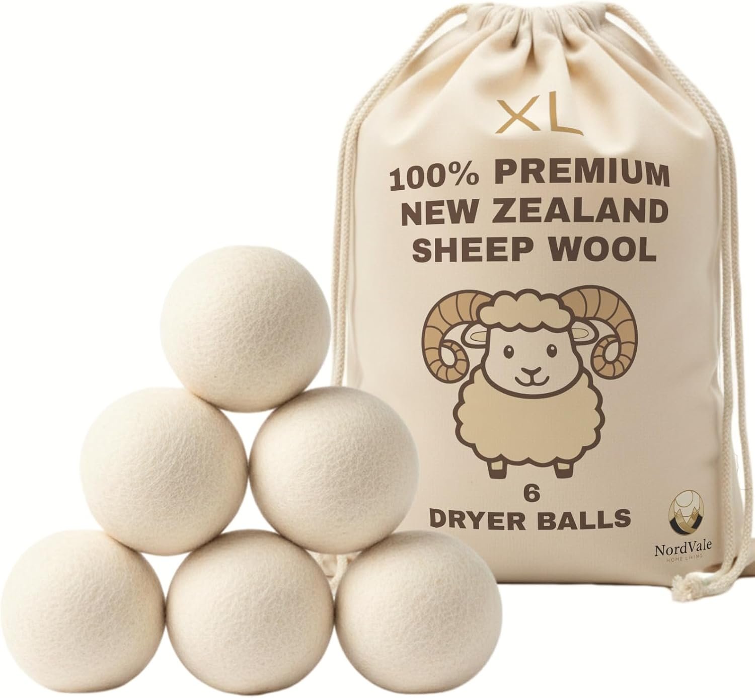 NordVale Wool Dryer Balls, 6 Pack XL Premium 100% New Zealand Wool, Reusable Natural Fabric Softener for 1300+ Loads, Helps Reduce Drying Time, Static Cling and Wrinkles