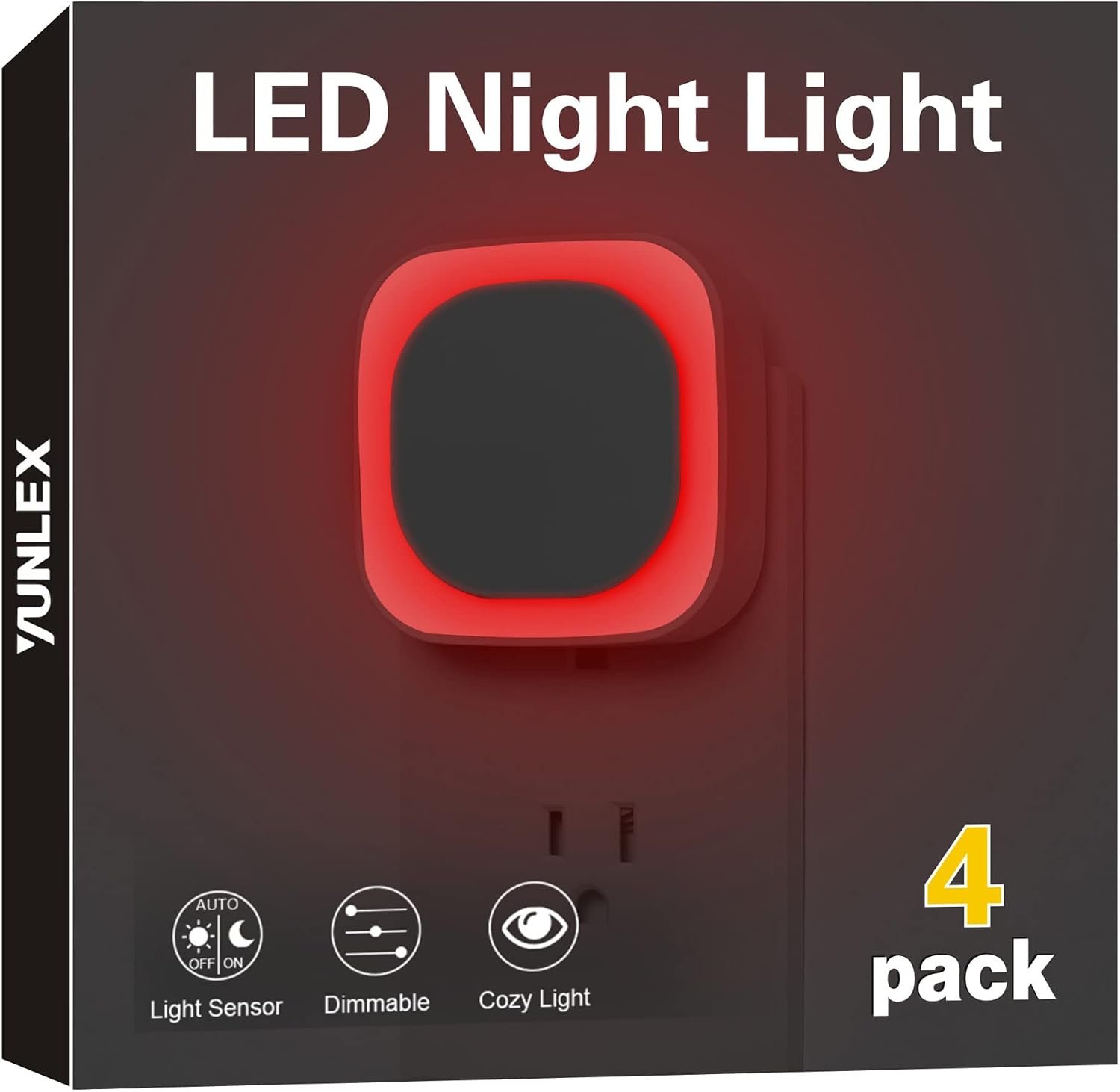 YUNLEX 4 Pack Red Night Light Plug into Wall, Dim Glow for Sleep, Eye-Care
