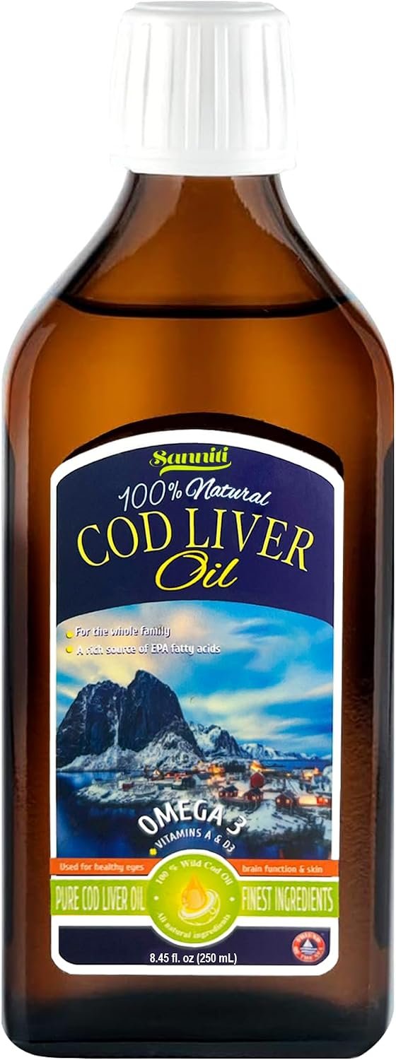 Sanniti 100% Cod Liver Oil, 8.4 fl oz | Pure Norwegian Cod Liver Oil | Natural Flavor | Omega-3 Fatty Acids with Vitamins A, D & E | Finest Ingredients