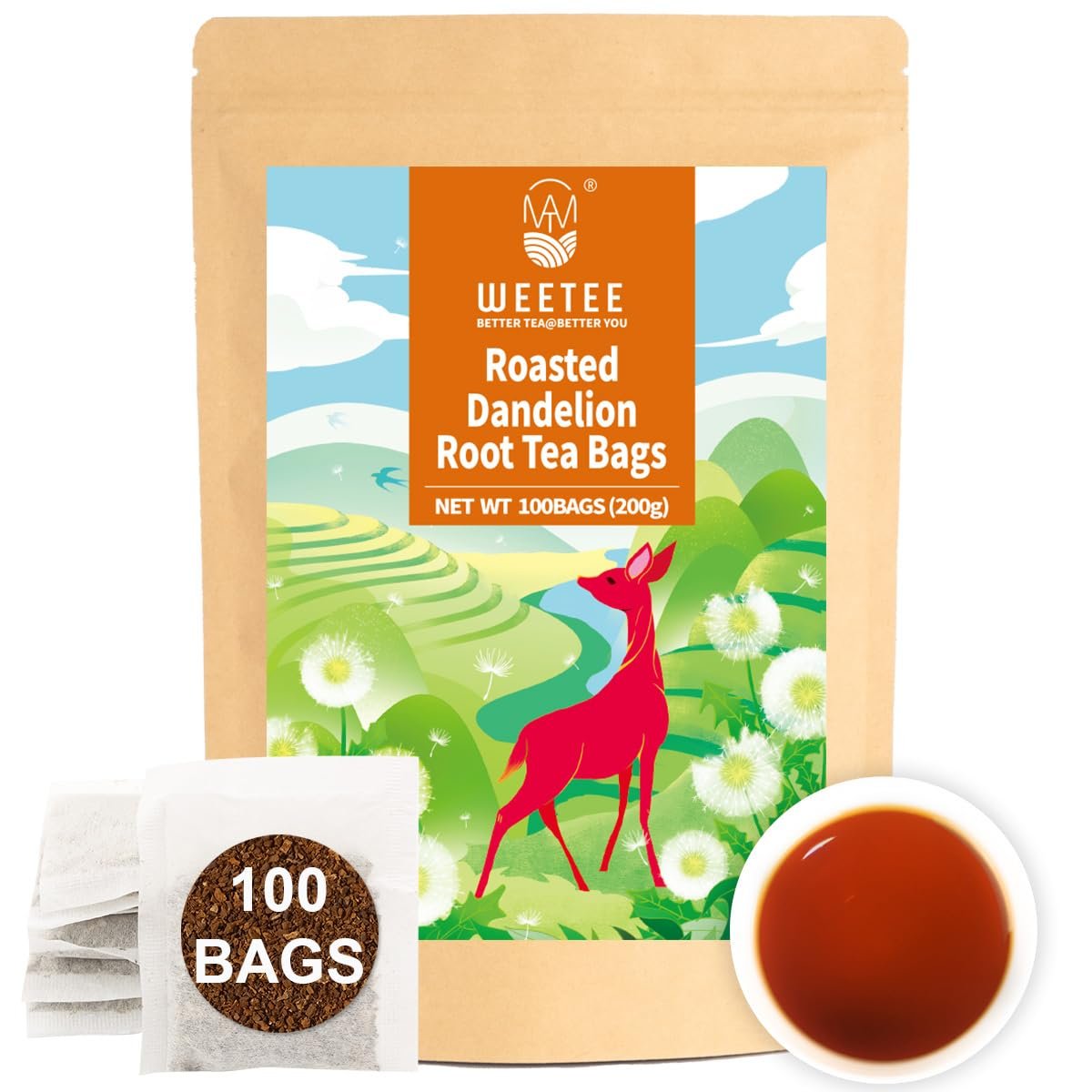 WT WEETEE Roasted Dandelion Root Tea Bags 100 Count, Coffee Alternatives