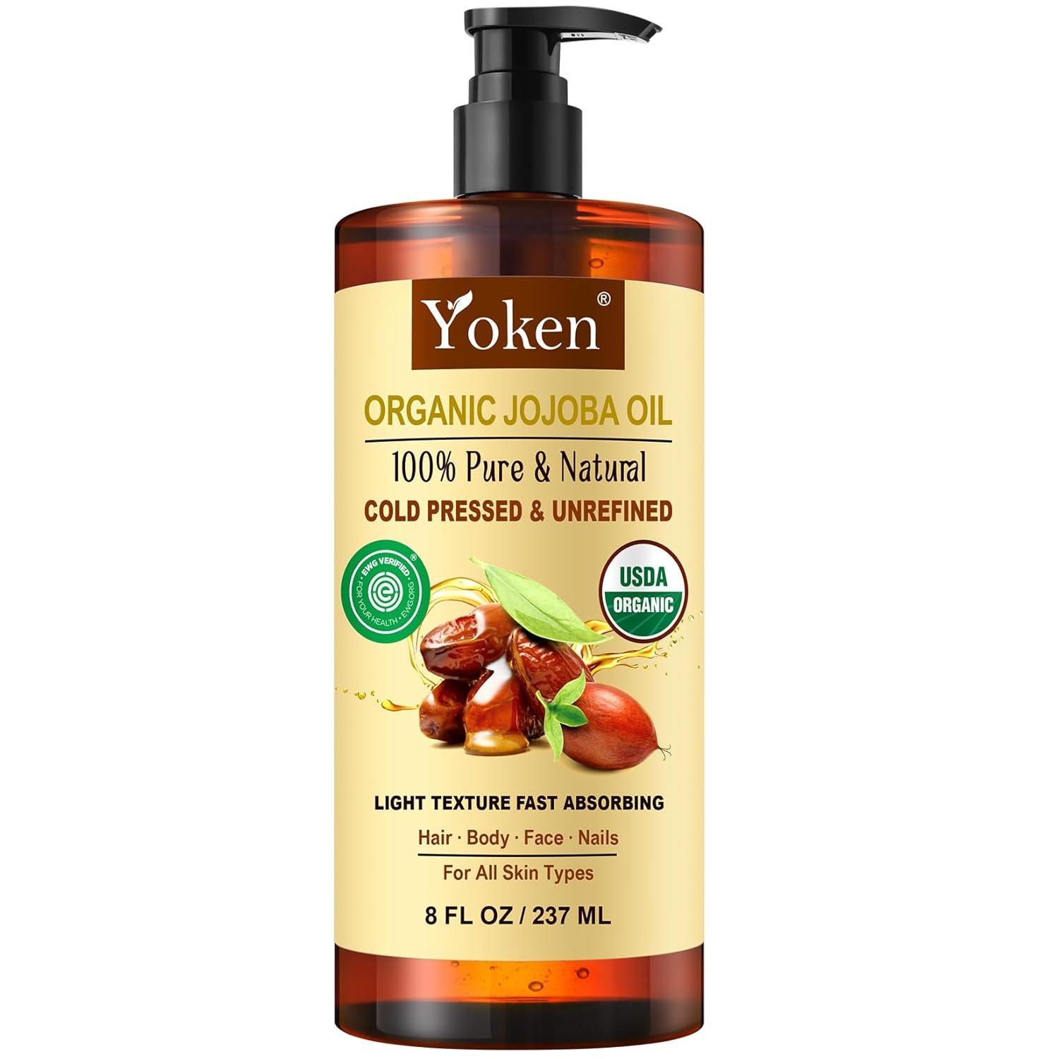 Yoken Organic Jojoba Oil 8oz, USDA Certified Pure for Hair, Skin Care