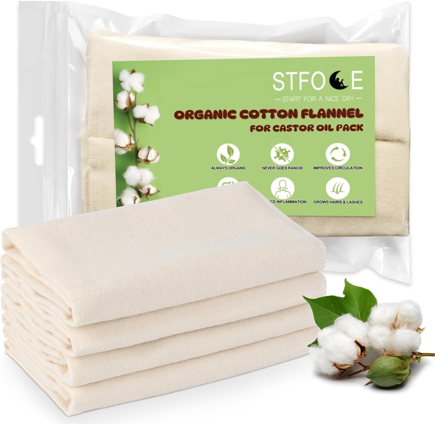 STFOCE Organic Cotton Flannel for Castor Oil Pack, 4Pcs, 15.5″ L x 7.1″ W