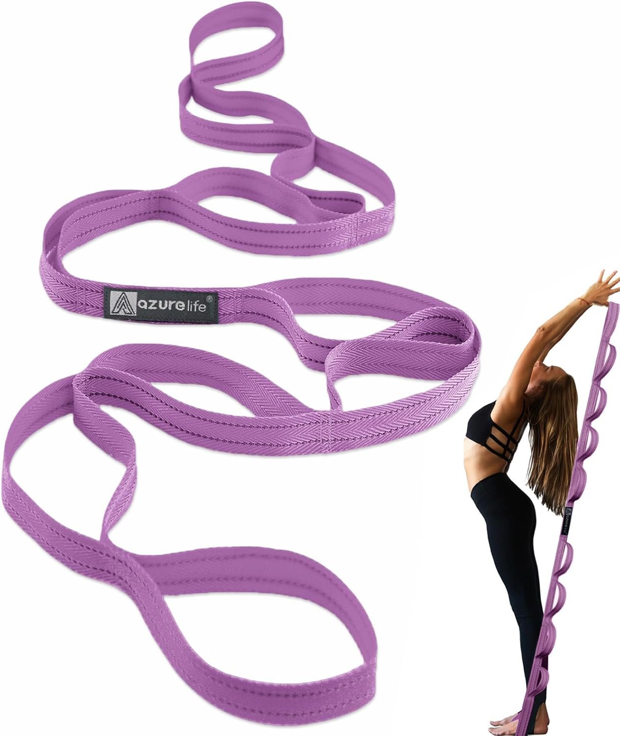 A AZURELIFE Premium Durable Stretch Straps with Loops, Stretching Strap for Physical Therapy, Multi-Loop Yoga Strap Fitness Exercise Strap for Yoga, Pilates, Dance, Flexibility&Exercise