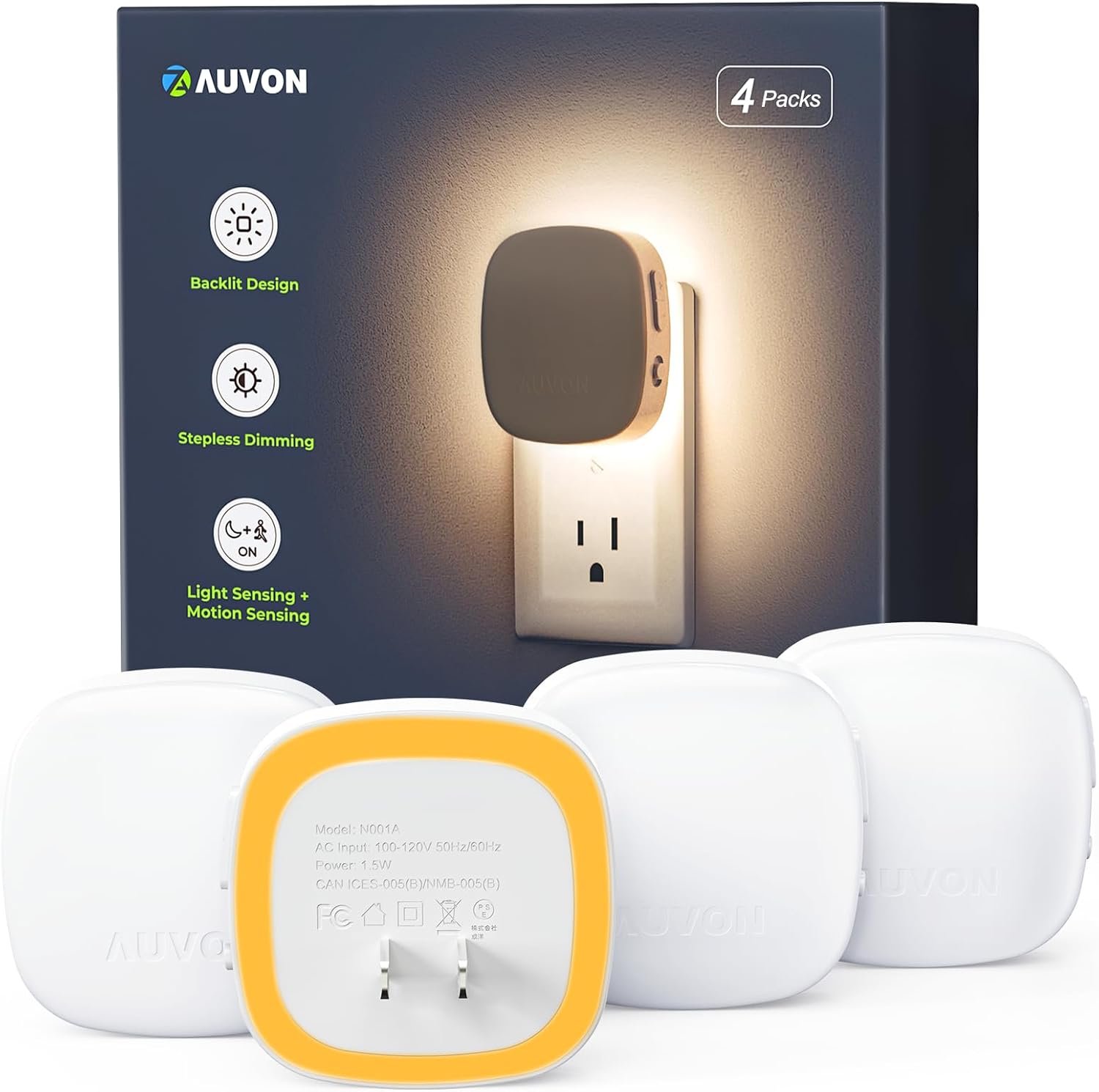 AUVON Plug-in LED Backlit Night Light 4 Packs, Motion & Dusk to Dawn Sensor