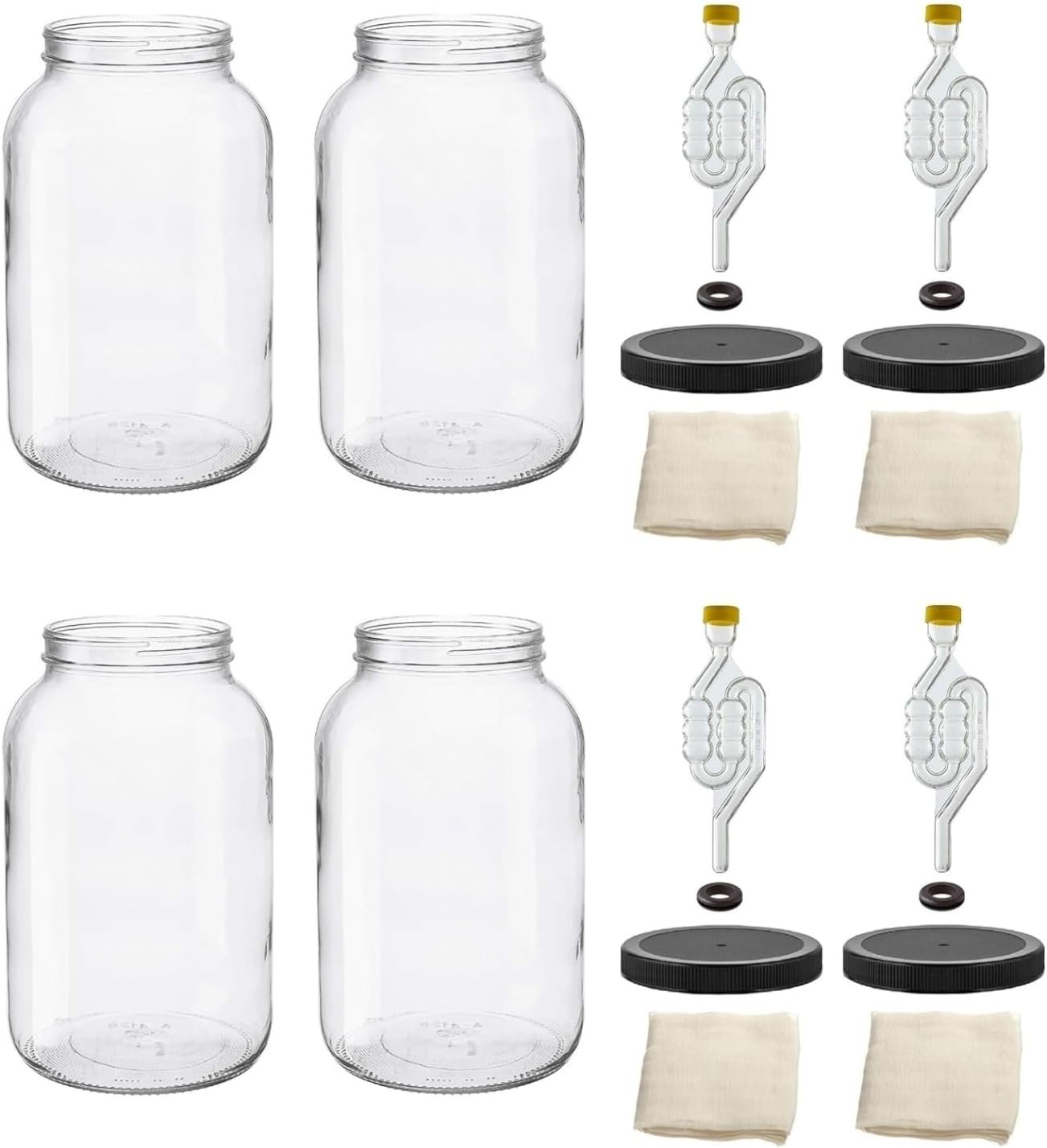 North Mountain Supply 1 Gallon Glass Wide Mouth Jar With Drilled Black Plastic Lid, 6 Bubble, & Cheesecloth – Set of 4 – USDA Approved, BPA-Free, Dishwasher Safe For Fermenting
