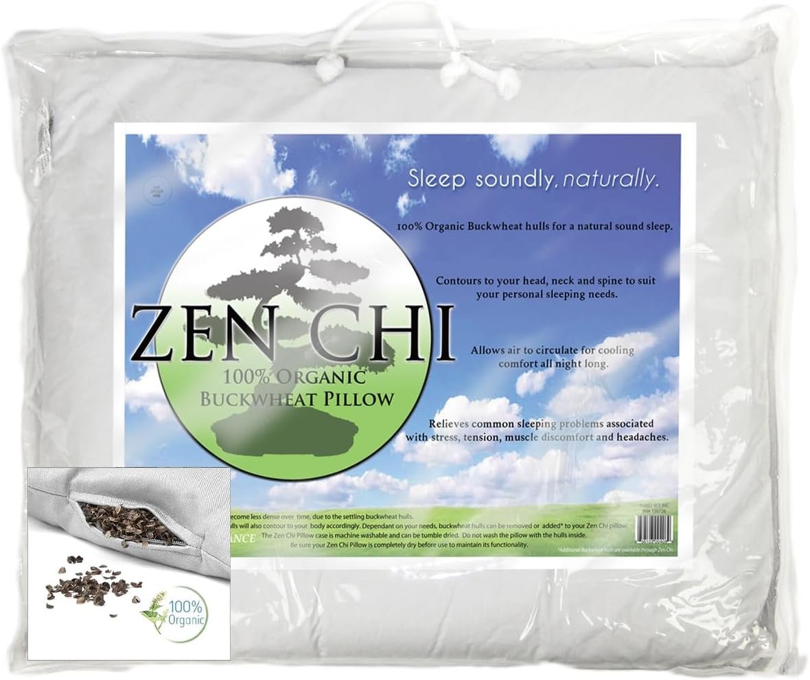 ZEN CHI Organic Buckwheat Hulls Pillow, Queen Size 20″x30″