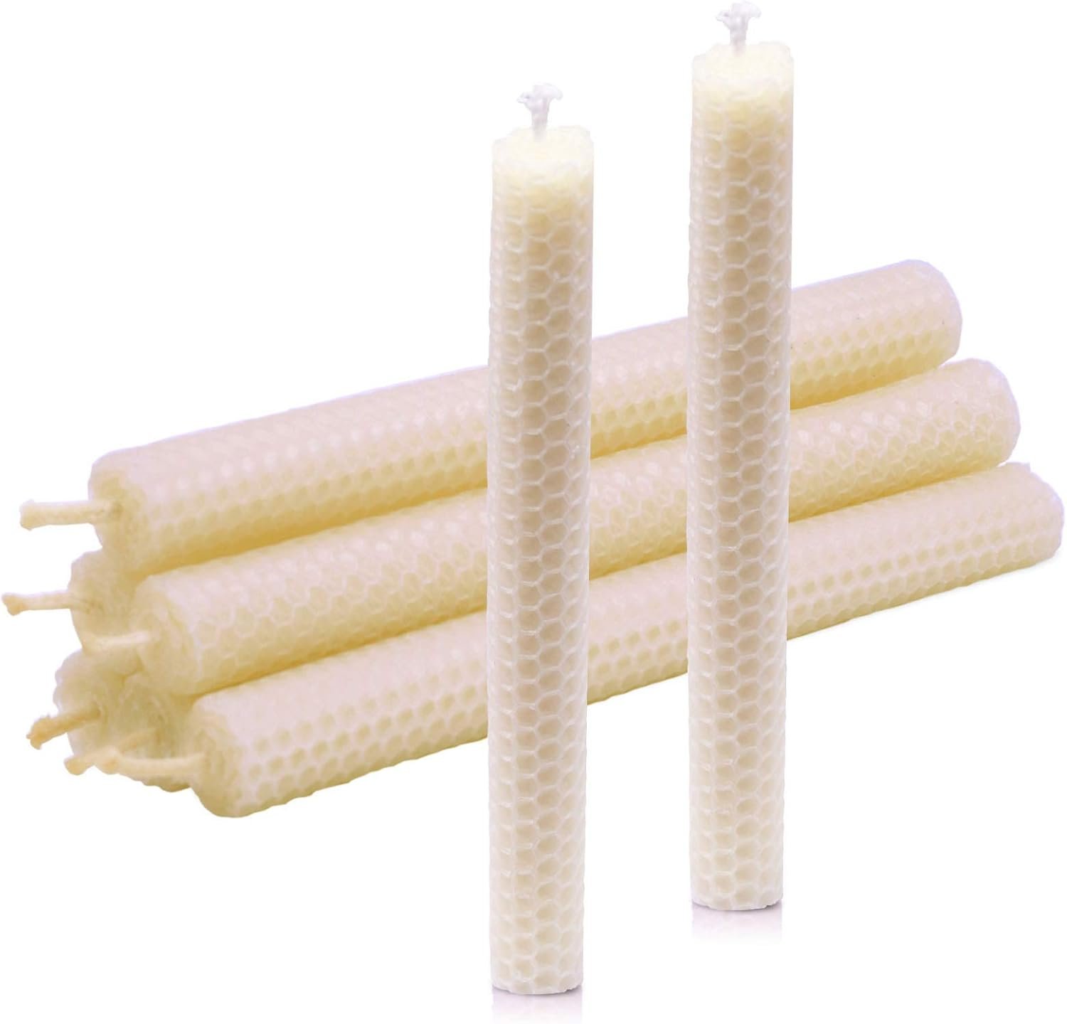 DEYBBY 8 inch Ivory White Natural Beeswax Honeycomb Rolled Candles Set of 6