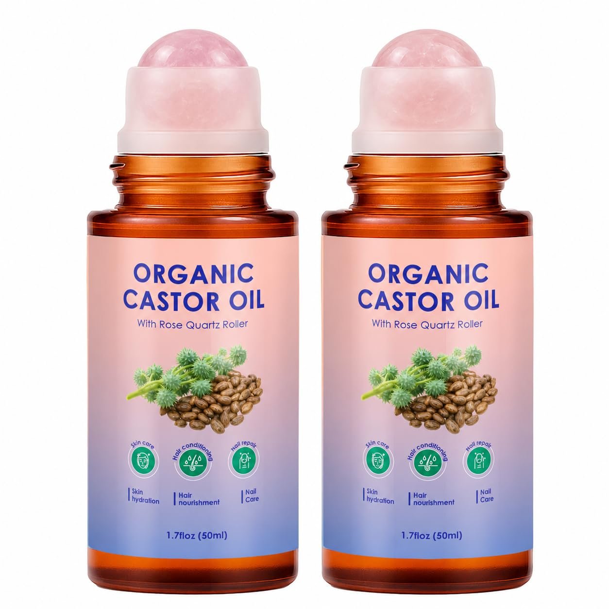 Organic Castor Oil Rose Quartz Roll-On, Cold-Pressed, 50 mL, 2 Pack