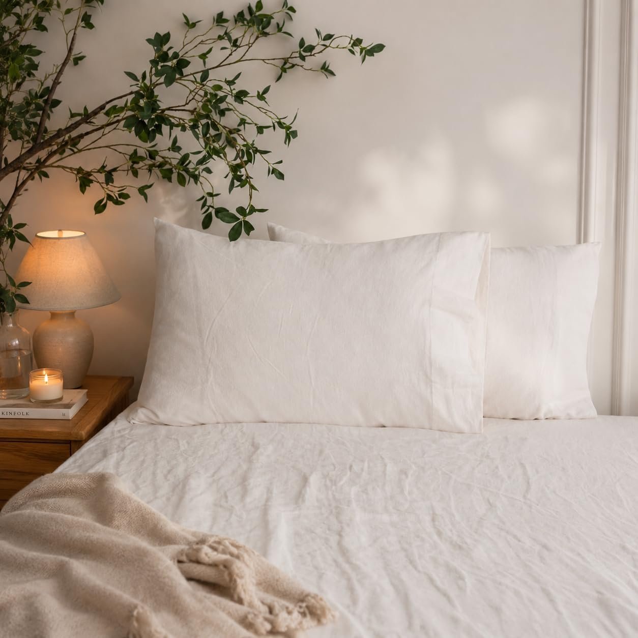 Simple&Opulence Linen Pillowcases 1 Pair Basic Style 55% Euro Linen 45% Cotton Blend Solid Color Flax Shams Set of 2, Standard Queen Size 20″x30″, White