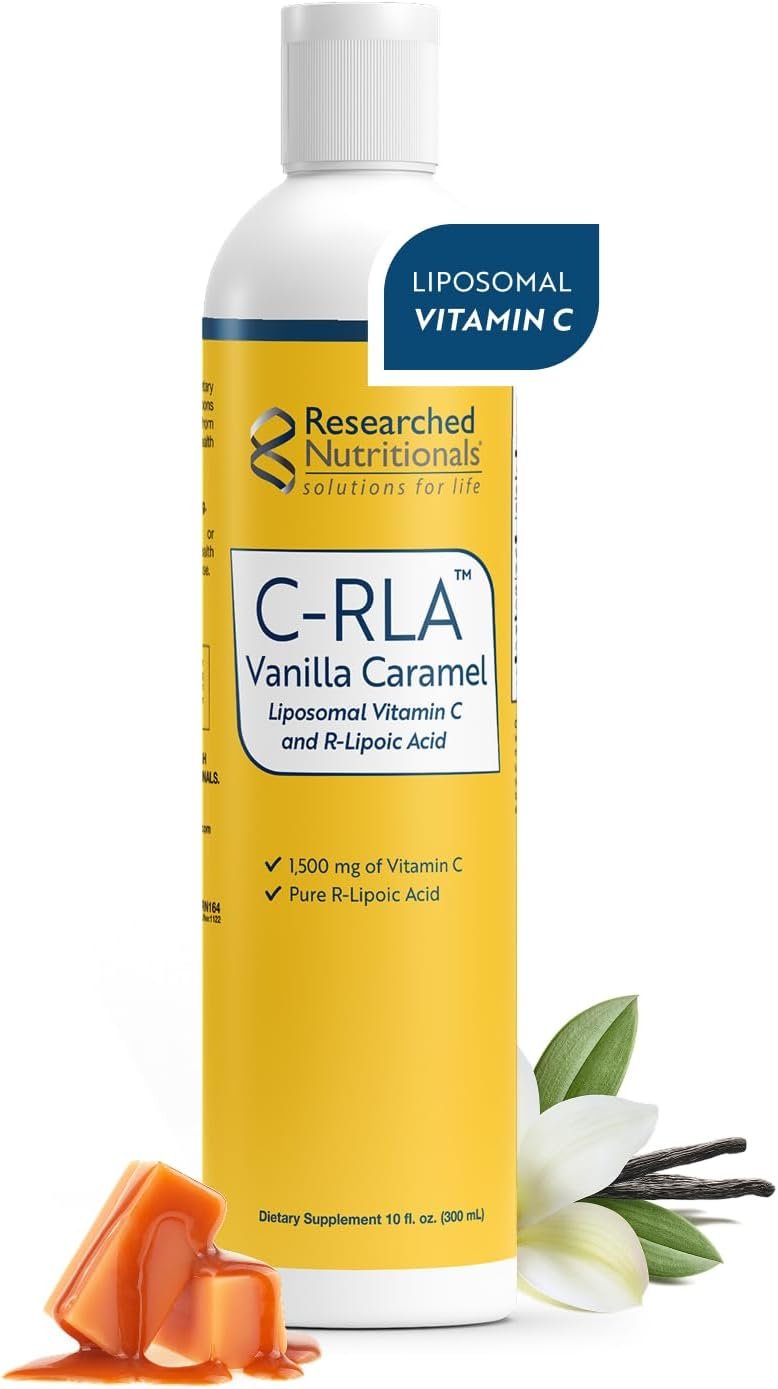 Researched Nutritionals C-RLA – Liposomal Vitamin C with R Lipoic Acid to Support Detox – Vegan & Soy-Free Vitamin C Liquid, Vanilla Caramel Flavor (10 Fl Oz)
