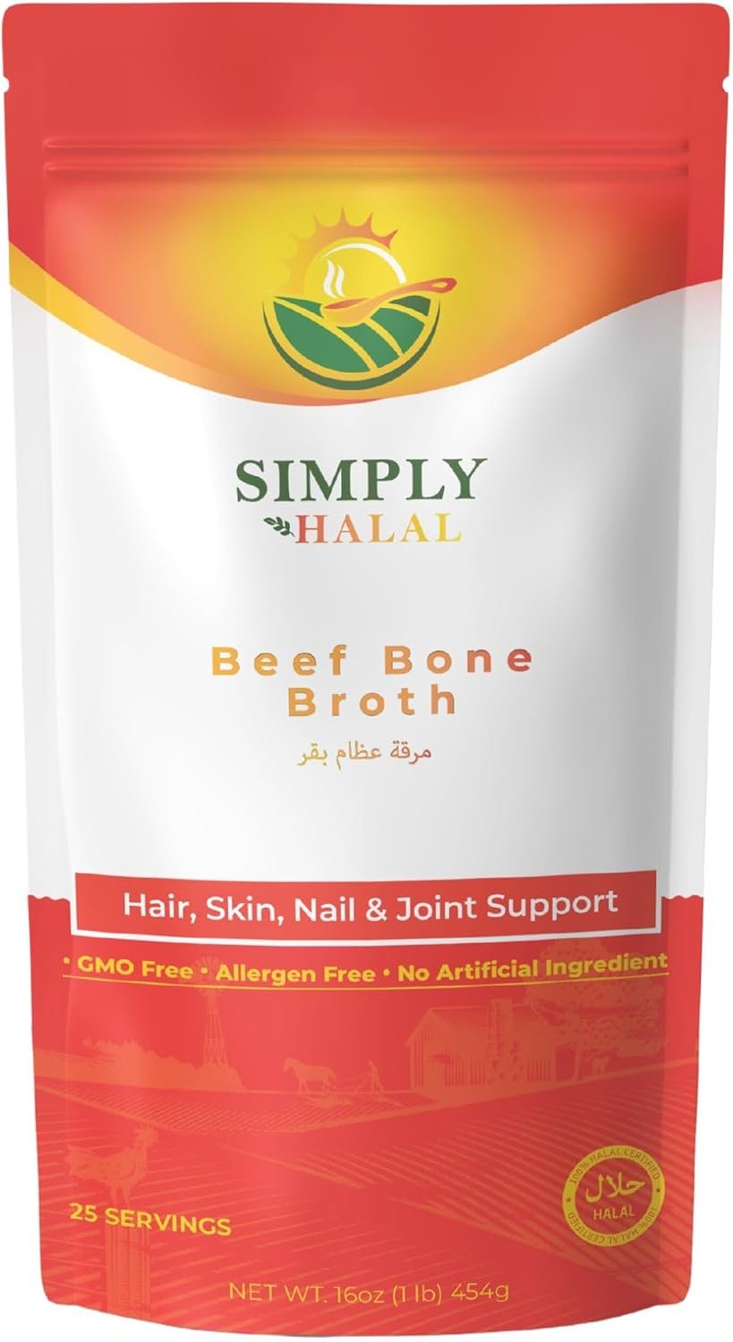 Halal Bone Broth Protein Powder for Joint, Skin, Hair, Nail, Gut Health & Digestive Support – Grass-Fed Hydrolyzed Collagen Supplement, Non-GMO, Gluten Free, 25 Servings (16 Oz)