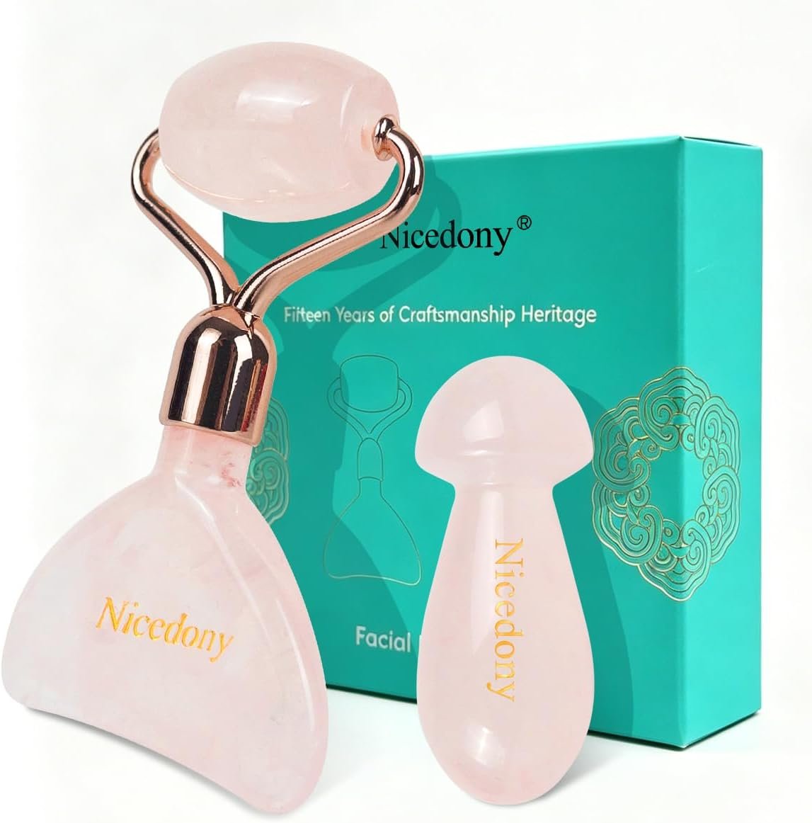 Gua Sha Tool for Face and Rose Quartz Face Roller Set