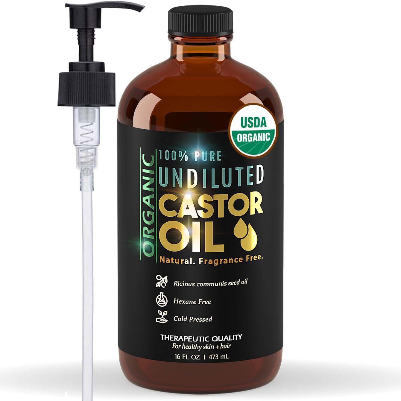 BALM OF GILEAD Organic Castor Oil for Skin Hydration – Therapeutic Cold Pressed, USDA Certified 100% Pure, Glass Bottle – 16 oz Unrefined, Hexane Free, Castor Oil for Hair & Eyelashes Growth