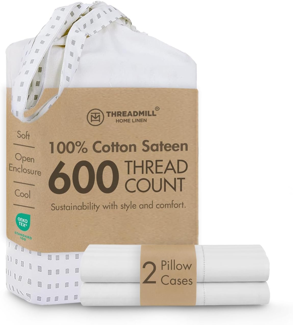 Threadmill Home Linen Standard Pillowcase – 100% Pure Cotton 600 Thread Count, 2 Piece Sateen Weave Ivory Pillow Cover Set, Hotel Quality ELS Combed Cotton Solid Pillow Protectors