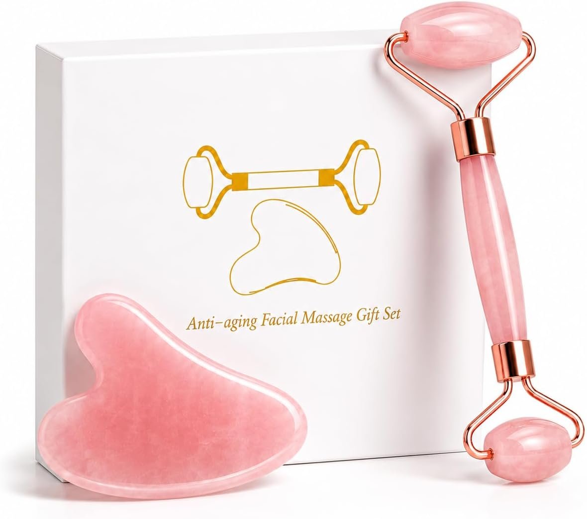 Be True Rose Quartz Authentic Stone Facial Roller & Gua Sha Set- Skin Care Massage Tools for Lymphatic Drainage, Jawline Scuplting, Depuffing, Skin Tightening & Glow
