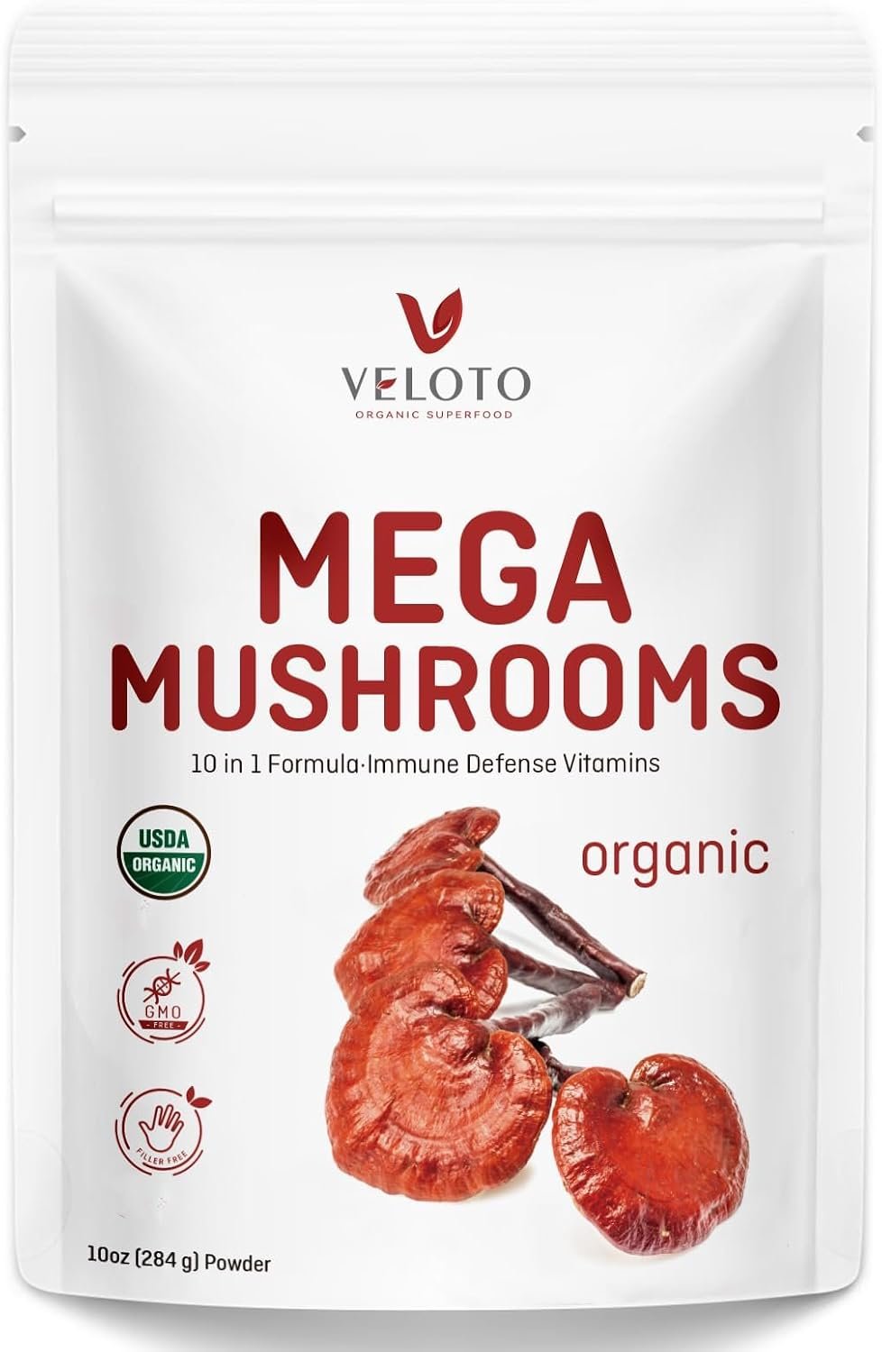 VELOTO Organic Mega Mushroom Powder Blend,10 in 1 Complex Mushroom Extract Powder Herbal Supplement with Reishi, Cordyceps, Chaga, Lion’s Mane, Vegan & More, Sustainably US Grown, Filler Free, 10oz
