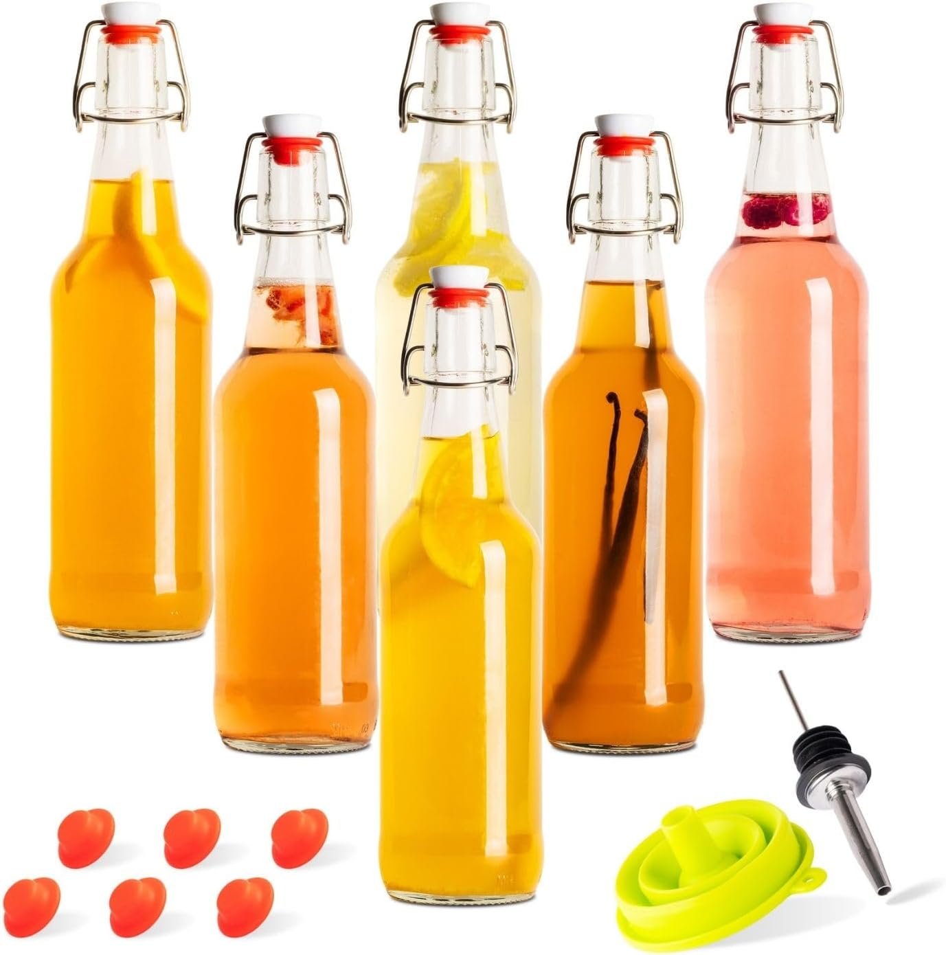 Kombucha Bottles, Swing Top Glass Brewing Bottles Bottles for Kombucha, Beer, Kiefer, Limoncillo, Vanilla – 16 oz. – Grolsch Style Bottle (6 Set) with Funnel