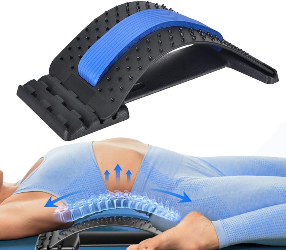 Back Stretcher for Lower Back Pain Relief, 4 Level Adjustable Lumbar Cracker Board Massager, Stretching Device for Scoliosis, Sciatica, Herniated Disc, Posture Correction (Blue)