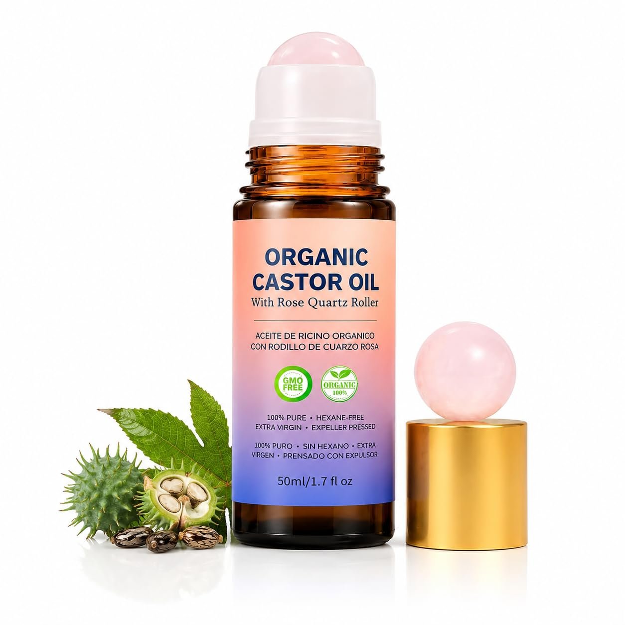 Organic Castor Oil Rose Cold Pressed,With Rose Quartz Roller&Hexane Free