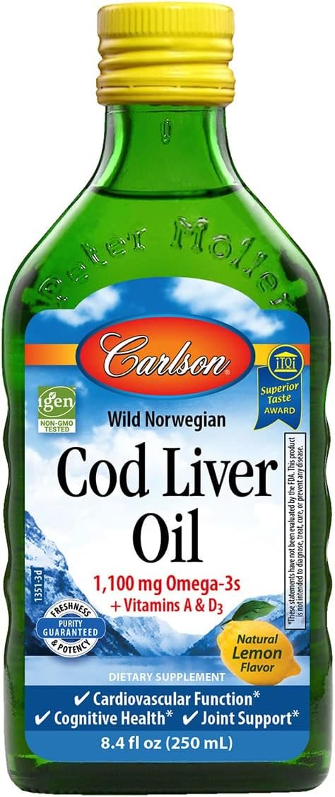 Carlson – Cod Liver Oil, 1100 mg Omega-3s, Liquid Fish Oil Supplement, Wild-Caught Norwegian Arctic, Sustainably Sourced Nordic Liquid, Lemon, 250 ml